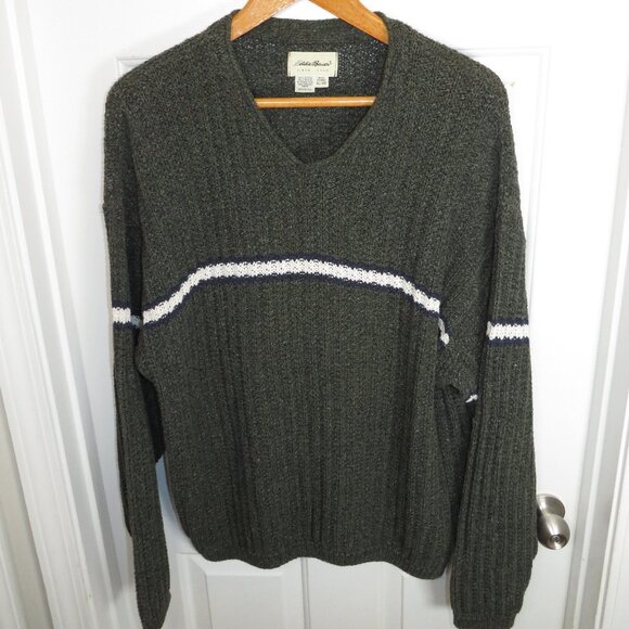 Vintage Eddie Bauer Chunky Knit V-Neck Sweater Stripe Mens XL Made in USA - Picture 1 of 4